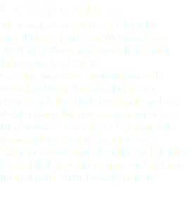 Composing Als Composing-Muster dient hier eine Private Karte zu Weihnachten 2019 und dem sich anschließenden Jahreswechsel 2020. Gezeigt werden chronologisch die verschiedenen Fotovorlagen aus denen sich letztlich das Endergebnis des fertigen Motivs zusammensetzt. Der bewusst mit einem Schmunzeln verwendete doppeldeutige Text "schöne Bescherung", sollte sich leider tatsächlich in seinem ganzen Umfang im Frühjahr 2020 bewahrheiten. 