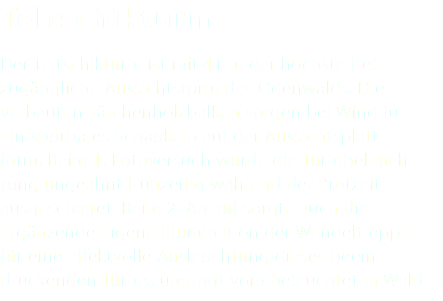 Teltschikturm Der Teltschikturm ist mit 41 m der höchste frei zugängliche Aussichtsturm des Odenwalds. Die verbauten Lärchenholzbalken sorgen bei Wind für ein spürbares Schaukeln auf der Aussichtsplatt- form. Beim 1. Fotoversuch wurde die Turmbeleuch- tung ungeahnt frühzeitig während der Brotzeit ausgeschaltet. Beim 2. Anlauf sorgte auch die ergänzende eigene Illumination der Wendeltreppe für eine effektvolle Ausleuchtung dieses beein- druckenden Turms, umringt vom beleuchteten Wald. 
