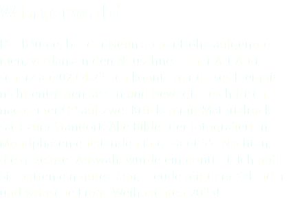 Winterwald Die Bäume, bei der Neunkircher Höhe aufgenom- men, verdanken den Neuschnee einer Art Apri- scherz am 02.04.22. Ich konnte mir dieses Ereignis nicht entgehen lassen und bewegte mich frisch nach einer OP auf zwei Krücken mit Materialruck- sack zum Standort. Alle Bilder der fotografierten Mondphasen entstanden in gesamt 35 Nächten, die gezeigte Auswahl wurde einmontiert. Ich hoffe Sie hatten ein gutes Jahr, Freude mit dem Kalender und wünsche Frohe Weihnachten 2023! 