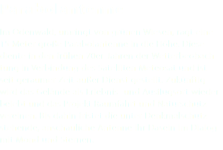 Parabolantenne Im Odenwald, umringt von grünen Wiesen, ragt eine 15 Meter große Parabolantenne in die Höhe. Diese diente in den frühen 70er-Jahren der Wetterbeobach- tung in Verbindung des Satelliten Meteosat und ist seit geraumer Zeit außer Dienst gestellt. Zukünftig wird das Gelände als Erlebnis- und Ausflugsort wieder- belebt und das Projekt Raumfahrt und Naturschutz vereinen. Bis dahin fristet die unter Denkmalschutz stehende, anschauliche Antenne ihr Dasein im Dialog mit Mond und Sternen.